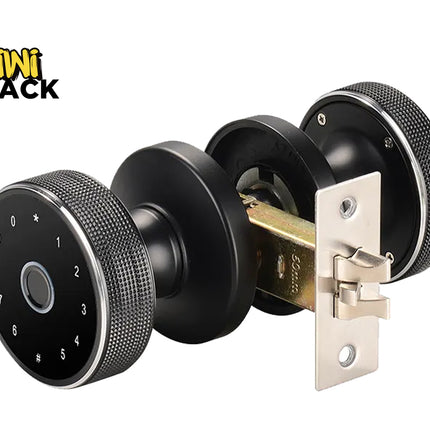 Smart lock mechanism with digital keypad on a white background, featuring Kiwi Shack logo.