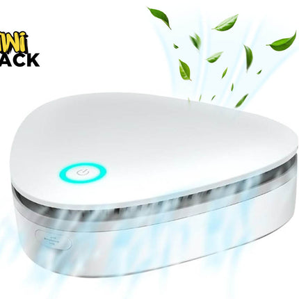 White triangular portable air purifier / mini ozone generator with a glowing cyan power button, side control button, blue mist/airflow effects and floating green leaves, branded with the Kiwi Shack logo watermark.