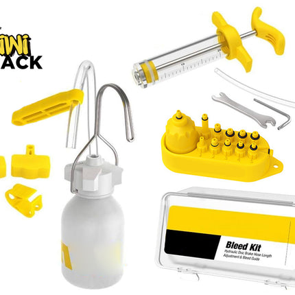 Bicycle bleeding kit with various components on a white background, featuring the Kiwi Shack brand.