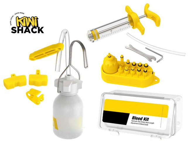Bicycle bleeding kit with various components on a white background, featuring the Kiwi Shack brand.