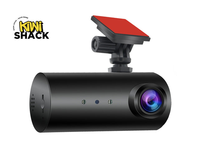 A black cylindrical dash cam with a red mounting plate and black adjustable mount, shown on a white background with the KIWI SHACK logo in the top-left corner.