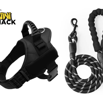 Black dog harness and leash set with Kiwi Shack logo on a white background
