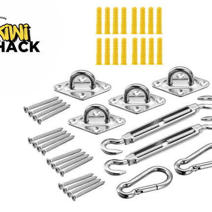 A stainless steel shade sail hardware installation kit including pad eyes, turnbuckles, snap hooks, screws, and plastic wall anchors, featuring the "Kiwi Shack" logo in the top-left corner.