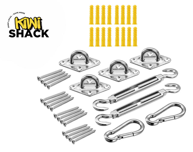 A stainless steel shade sail hardware installation kit including pad eyes, turnbuckles, snap hooks, screws, and plastic wall anchors, featuring the "Kiwi Shack" logo in the top-left corner.