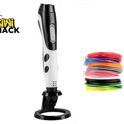 A 3D printing pen by Kiwi Shack shown standing upright on a black stand, with a stack of colorful 3D printing filament coils to the right on a white background.