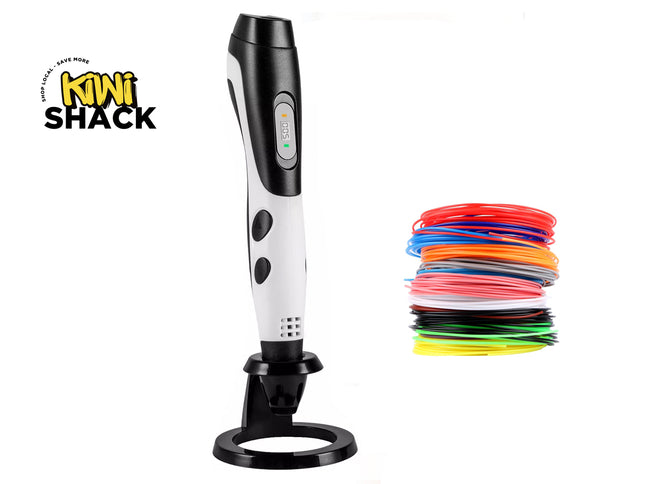 A 3D printing pen by Kiwi Shack shown standing upright on a black stand, with a stack of colorful 3D printing filament coils to the right on a white background.