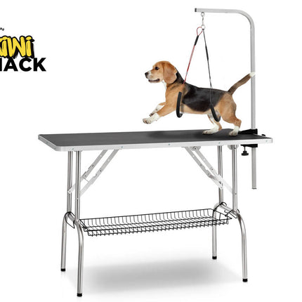 Dog grooming table with a dog on it, branded as Kiwi Shack.
