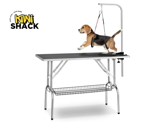 Dog grooming table with a dog on it, branded as Kiwi Shack.