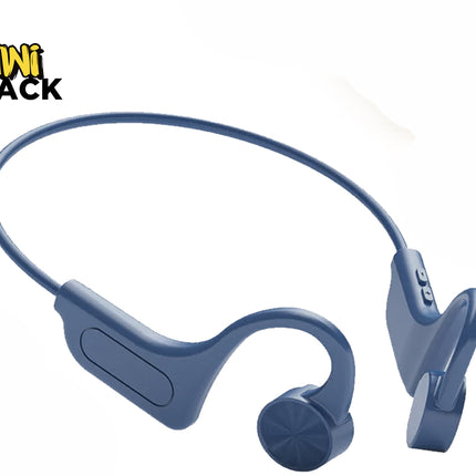 A blue wireless bone conduction sport headphone set featuring an open-ear design, flexible neckband, control buttons, and circular transducers against a white background, featuring the "Kiwi Shack" logo in the upper left corner.