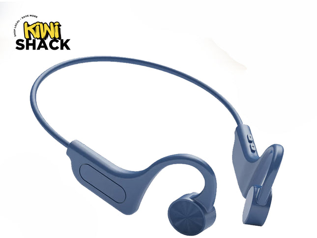 A blue wireless bone conduction sport headphone set featuring an open-ear design, flexible neckband, control buttons, and circular transducers against a white background, featuring the "Kiwi Shack" logo in the upper left corner.