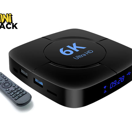 Black 6K Ultra HD device with digital display and remote control on a white background, featuring Kiwi Shack logo.