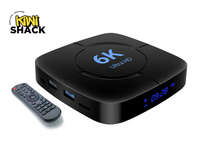 Black 6K Ultra HD device with digital display and remote control on a white background, featuring Kiwi Shack logo.