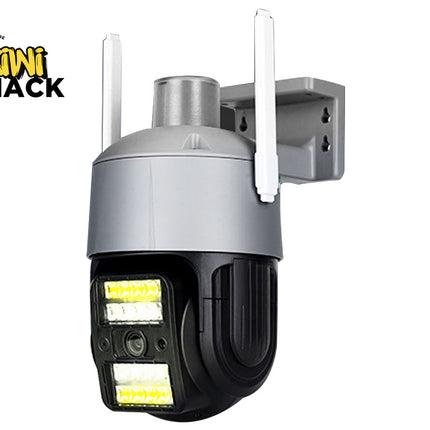 Outdoor security camera with antennas on a white background, featuring the Kiwi Shack logo.