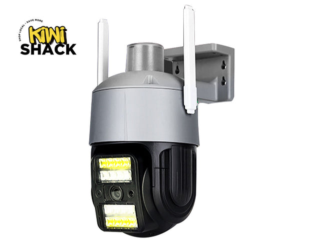 Outdoor security camera with antennas on a white background, featuring the Kiwi Shack logo.