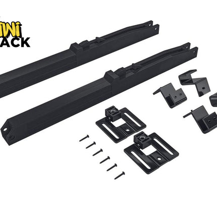 Black metal brackets and hardware on a white background with 'Kiwi Shack' logo.