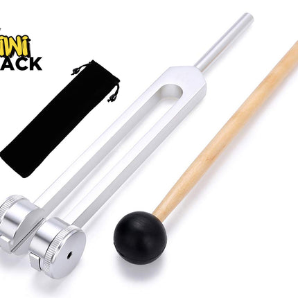 A large silver weighted tuning fork with screw-on weights, a wooden mallet with a black rubber ball head, and a black velvet storage pouch on a white background. A "Kiwi Shack" logo appears in the top-left corner.