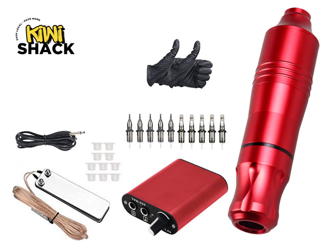Red tattoo machine pen with accessories on a white background, featuring Kiwi Shack logo.