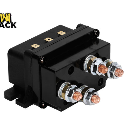 A black electrical contactor or relay component with four copper terminal posts and silver metal connectors, shown on a white background with the Kiwi Shack logo in the top-left corner.