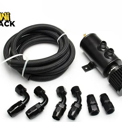 Kiwi Shack universal automotive black aluminum oil catch can kit with braided hose and AN fittings.