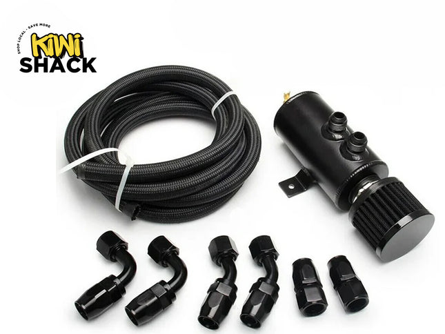 Kiwi Shack universal automotive black aluminum oil catch can kit with braided hose and AN fittings.