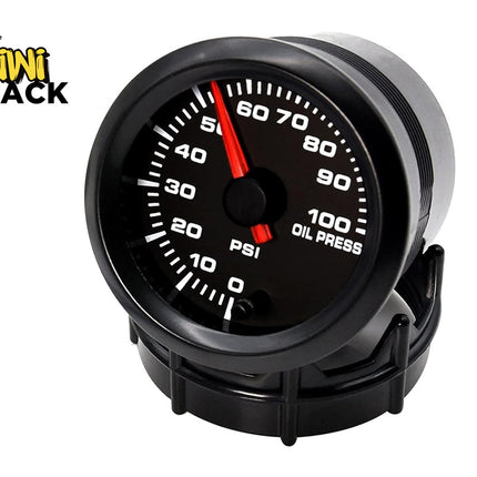 Oil pressure gauge with red needle on a white background, branded with Kiwi Shack.