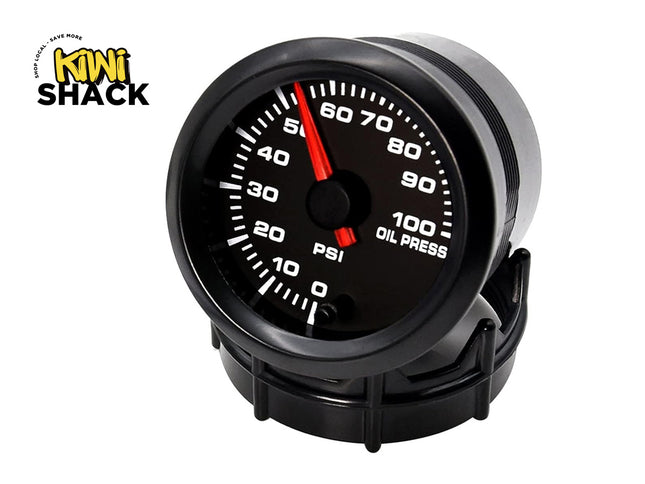 Oil pressure gauge with red needle on a white background, branded with Kiwi Shack.