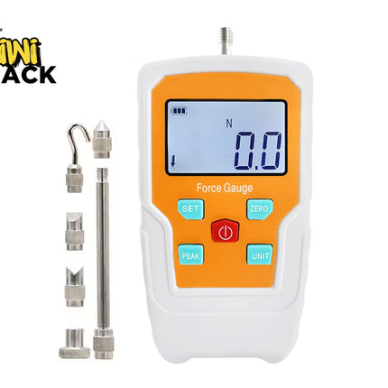 Digital force gauge with attachments on a white background, featuring the Kiwi Shack brand.
