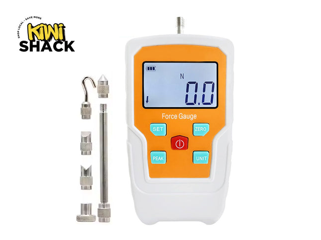 Digital force gauge with attachments on a white background, featuring the Kiwi Shack brand.