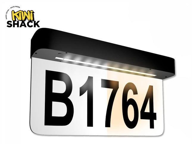 Kiwi Shack solar-powered LED address plaque and house number sign with customizable numbers.