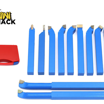 A set of blue-handled carbide-tipped lathe turning tools arranged vertically and horizontally, accompanied by a closed red plastic storage case on the left, set against a white background with the "Kiwi Shack" logo in the top left corner.