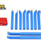 A set of blue-handled carbide-tipped lathe turning tools arranged vertically and horizontally, accompanied by a closed red plastic storage case on the left, set against a white background with the "Kiwi Shack" logo in the top left corner.