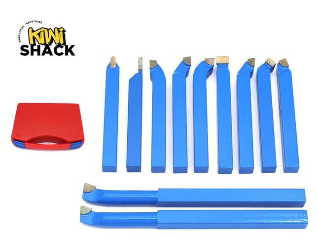 A set of blue-handled carbide-tipped lathe turning tools arranged vertically and horizontally, accompanied by a closed red plastic storage case on the left, set against a white background with the "Kiwi Shack" logo in the top left corner.