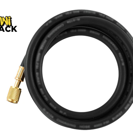 A coiled black rubber hose with brass metal connectors on both ends, shown on a white background with the Kiwi Shack logo in the top-left corner.