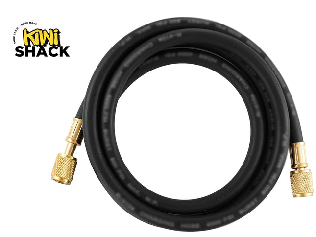 A coiled black rubber hose with brass metal connectors on both ends, shown on a white background with the Kiwi Shack logo in the top-left corner.