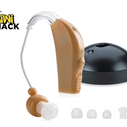 Beige hearing aid with black base and small attachments on a white background, featuring 'Kiwi Shack' logo.