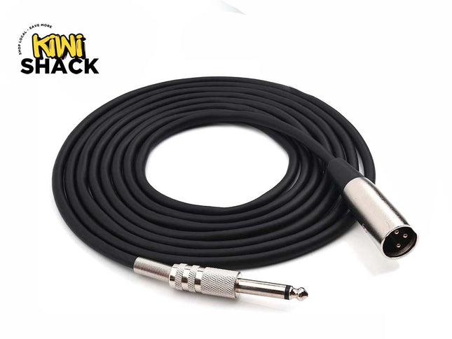 A coiled black audio cable with a 1/4-inch TS connector on one end and a multi-pin XLR connector on the other, shown on a white background with the KINI SHACK logo in the top left corner.
