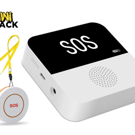 A white emergency SOS base unit with a screen displaying "SOS" and a speaker grille, accompanied by a smaller round orange and white SOS emergency button pendant with a yellow lanyard, set against a white background with the "Kiwi Shack" logo in the top left corner.