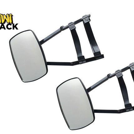 Two car side mirrors with black brackets on a white background, branded 'Kiwi Shack'.