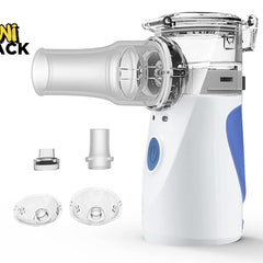 A portable handheld mesh nebulizer with a medicine cup, mouthpiece, and adult and child face masks, featuring the "Kiwi Shack" logo in the top-left corner.