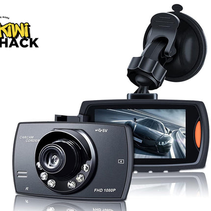Car dashboard camera with screen and suction cup, branded 'Kiwi Shack'.