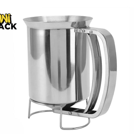 Kiwi Shack stainless steel pancake batter dispenser and funnel cake hopper with squeeze handle and stand.