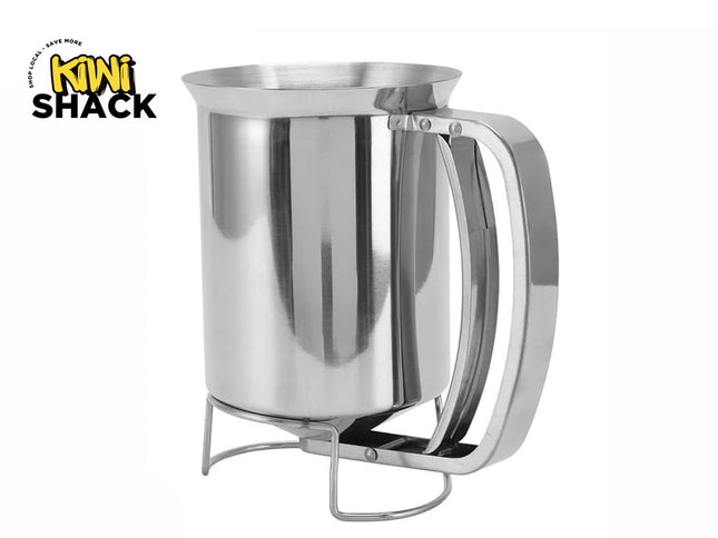 Kiwi Shack stainless steel pancake batter dispenser and funnel cake hopper with squeeze handle and stand.