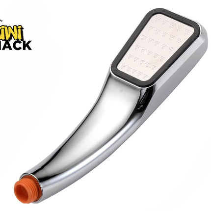 A chrome handheld shower head with a rectangular spray head and an orange male connector at the tip, shown on a white background with the Kiwi Shack logo in the top-left corner.