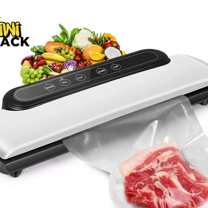 Vacuum sealer with food items on a white background, featuring the Kiwi Shack brand.