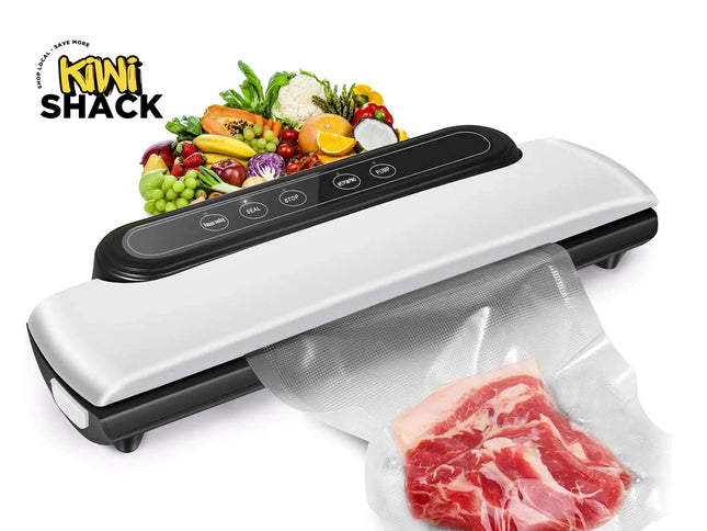 Vacuum sealer with food items on a white background, featuring the Kiwi Shack brand.