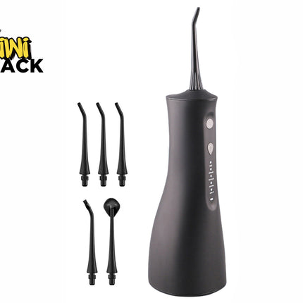 A black cordless oral irrigator (water flosser) with an attached nozzle and five interchangeable replacement tips arranged to the left, featuring a "Kiwi Shack" logo in the top left corner.