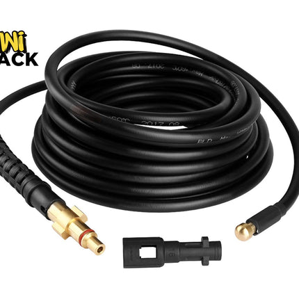 Kiwi Shack heavy-duty black pressure washer replacement hose with brass fittings and adapter.