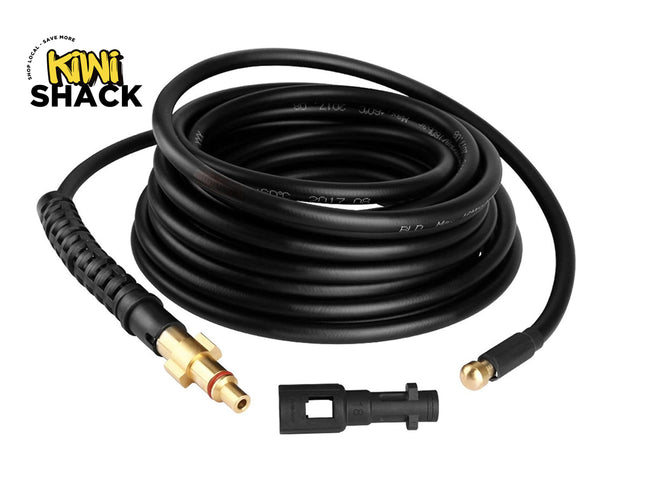 Kiwi Shack heavy-duty black pressure washer replacement hose with brass fittings and adapter.
