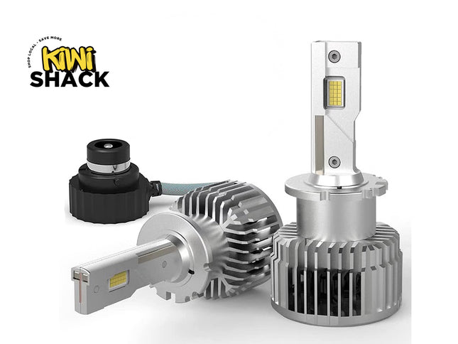 Car headlight bulb components with Kiwi Shack logo on a white background