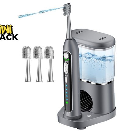 Gray water flosser with four replacement nozzles on a white background, featuring the Kiwi Shack brand.